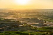 A hazy golden hour, looking west from the summit of the butte in May 2023