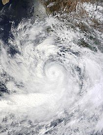 A satellite image of Hurricane Blas displaying an eye feature while off the coast of southwestern Mexico on June 16.