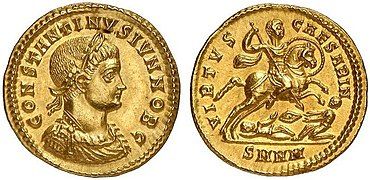 Aureus of Constantine II as caesar (aged 8), marked: constantinus iun· nob· c· ("Constantine Junior, Noblest Caesar") on the obverse