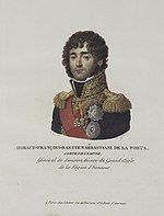 Painting shows a curly-haired man wearing a blue military uniform with gold epaulettes, gold lace and a red sash.