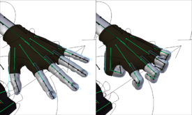 'Bones' (in green) used to pose a hand. In practice, the 'bones' themselves are often hidden and replaced by more user-friendly objects. In this example from the open source project Sintel, these 'handles' (in blue) have been scaled down to bend the fingers. The bones are still controlling the deformation, but the animator only sees the 'handles'.