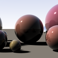 Diffuse interreflection: no. Depth of field: no. Area light sources: yes. Depth of field is off. Notice that all objects are in focus, regardless of how close or far away they are. Rendering images out-of-focus requires special handling in a ray tracer (though it is not too difficult).