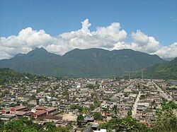 View of Sumaq Puñuq (La Bella Durmiente), a limestone mountain range in the shape of a sleeping woman in Tingo María National Park, José Crespo y Castillo District