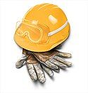 A hard hat and gloves: symbols of occupational safety and health