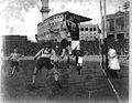 A New South Wales player marks over a West Australian opponent in the goal square at the 1933 Sydney Carnival held at the SCG.