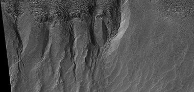 Close view of gullies, as seen by HiRISE under HiWish program. Channels show curves.