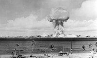 The airburst nuclear explosion of July 1, 1946. Photo taken from a tower on Bikini Island, 3.5 miles (5.6 km) away.