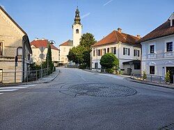 Central street of Mozirje, with Saint George's Church