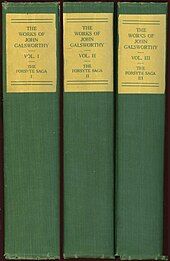 three book spines, green binding with yellow labels, reading "The Forsyte Saga, Vol 1, 2 and 3"