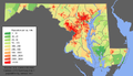 Image 15Maryland population distribution map; Maryland's population is concentrated mostly in the Washington–Baltimore combined statistical area. (from Maryland)