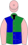 Green and blue (quartered), pink sleeves and cap