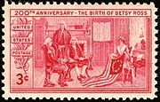 3¢ stamp issued in 1952 to commemorate Betsy Ross' 200th birthday.[74]