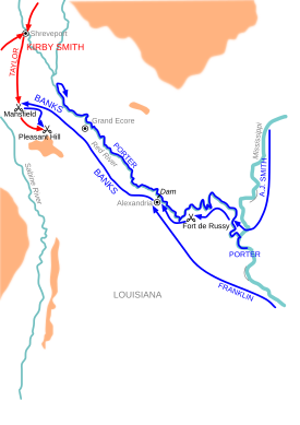 A map of northern Louisiana showing Banks' bold sweep towards Shreveport with a blue arrow.