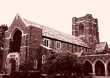 A sepia image of the church building in 2011.