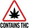 A symbol featuring a black cannabis leaf inside a red rounded triangle outline with "Contains THC" in black lettering below