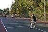 Two men playing pickleball at a dedicated court