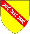 The arms of Speccot, of Speccot, in the parish of Merton, Devon: Or, on a bend gules three millrinds argent