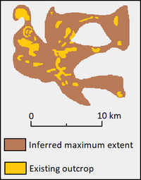 Diagram showing the locations of rock outcrops and the inferred maximum extent of a geological formation.