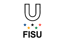 A black letter U above five different color stars above the letters FISU