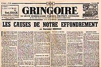 Sepia photograph of a double-page newspaper in small print, with "Gringoire" at the top