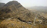 A long shot of Pushkar ghati, through which the train line runs