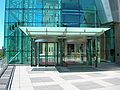 The front entrance of the Babbio Center at Stevens Institute of Technology.