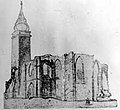 The tower in its Baroque form in 1847, with the church ruins