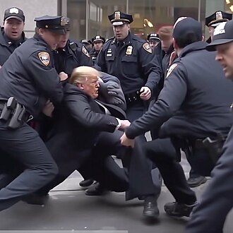 Journalist Eliot Higgins' Midjourney-generated image depicts former President Donald Trump getting arrested. The image was posted on Twitter and went viral.[120]