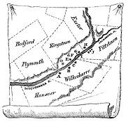 Forts in the Wyoming Valley. A-Fort Durkee, B-Fort Wyoming or Wilkesbarre, C-Fort Ogden, D-Kingston Village, E-Forty Fort, G-battleground, H-Fort Jenkins, I-Monocasy Island, J-Pittstown stockades, G-Queen Esther's Rock.[4]