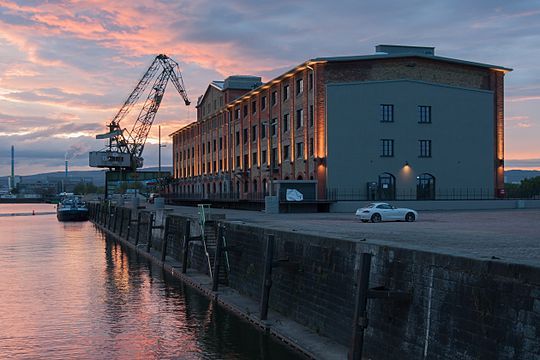 Former wine warehouse on the southern jetty of the port Zollhafen in Mainz, Germany