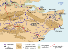 A map of south-eastern England with the boundaries of the Kingdom of Kent.