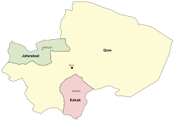 Location of Kahak County in Qom province (pink)