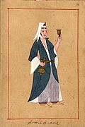 Ralamb-71. Armenian woman. Armenian woman holding a wine cup and vessel. She is dressed in an aubergine-colored shalvar and white ankle-length chemise with yellow shoes. She wears a dark blue belted kaftan and a white headgear.