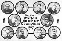 Text reading "Seattle World's Hockey Champions 1917." Surrounded by 10 faces