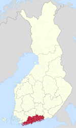 Uusimaa in red on a map of Finland