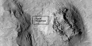 Close-up of blocks being formed, as seen by HiRISE under HiWish program. The rectangle represents the size of a football field, so blocks are the size of buildings.