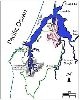 A hand-drawn map of Coos Bay estuary, with the following locations labeled: The Pacific Ocean, North Spit, North Bend, Haynes Inlet, North Inlet, Coos River, Coos Bay (town), Isthmus Slough, US Highway 101, OR Highway 540, Charleston, and South Slough National Estuarine Research Reserve.