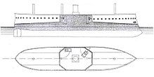 A simple drawing of a warship showing the central arrangement of the guns and armor scheme.