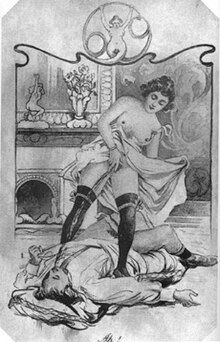 A woman in stockings raising her skirt and urinating into the mouth of a man