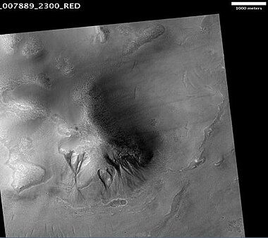 Acidalia Colles Gullies and other features, as seen by HiRISE. The scale bar is 1,000 meters long.