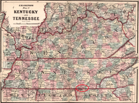 map of Tennessee and surrounding states with Chattanooga circled near bottom (southern border).