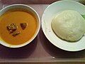 Image 18Fufu (right) is a staple meal in West Africa and Central Africa. It is usually served with some peanut soup. (from Culture of Africa)