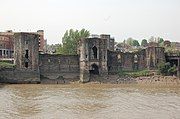 Newport Castle from the east bank. Note the watergate in the centre tower