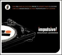 Black-and-white line art of a turntable playing a white disc with the Impulsive! Records logo on it.