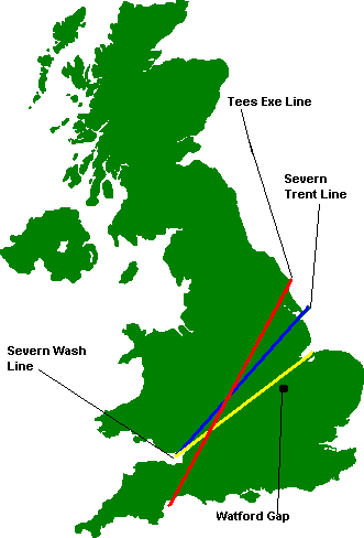 In this image, the Severn-Wash line is shown in yellow, the Severn-Trent line in blue, the Tees-Exe line in red.