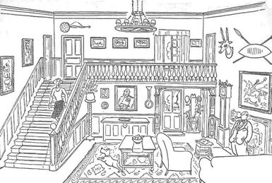 interior of large room in 20th-century country house, with staircase between large sitting room and first-floor balcony with doors and windows off