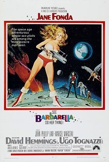 Multicolored, comic-like film poster of Barbarella and other characters