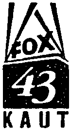 The Fox network logo of the late 1980s and early 1990s, the letters "Fox" on an angled corner platform with stylized searchlights on either end, above a serif 43 and the letters K A U T