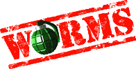 The word WORMS written in a red military style stencil font, the letter 'O' is replaced with a green grenade.