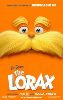 An orange poster with the Lorax's face in the center.